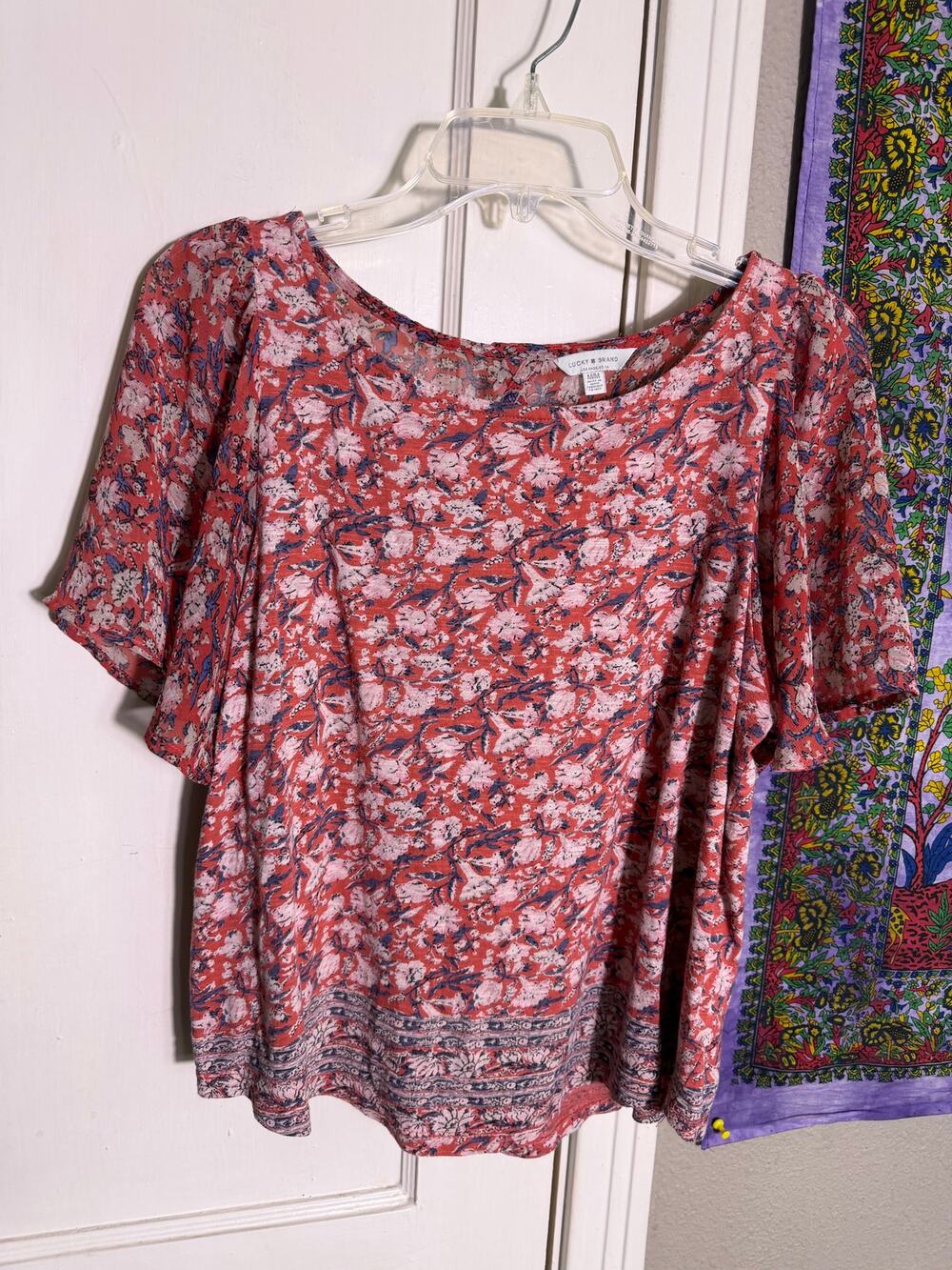 Lucky Brand Medium Floral Blouse Coral Bell Sleeve Back Cutout Boho Top